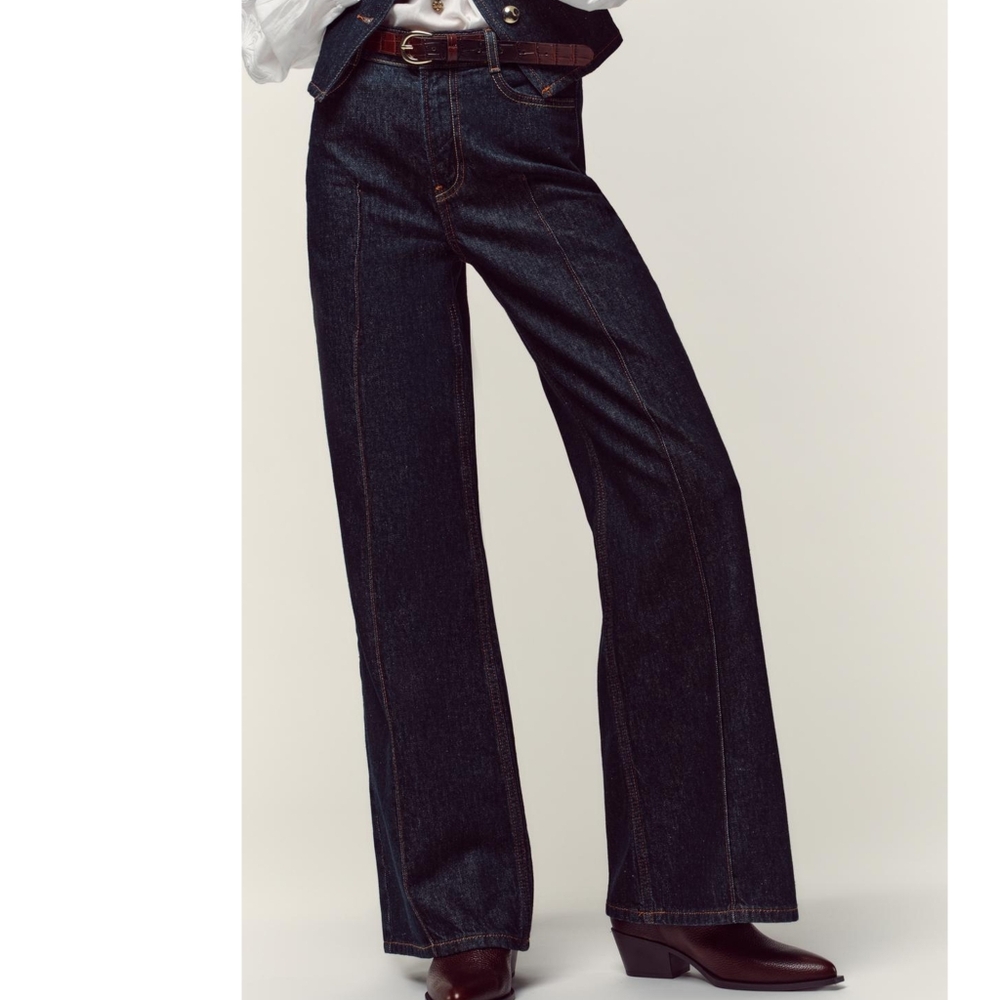 ZARA New & Sold Out🏷️ Dark High-waisted 5-pocket Wide Leg Topstitch Jean sz4